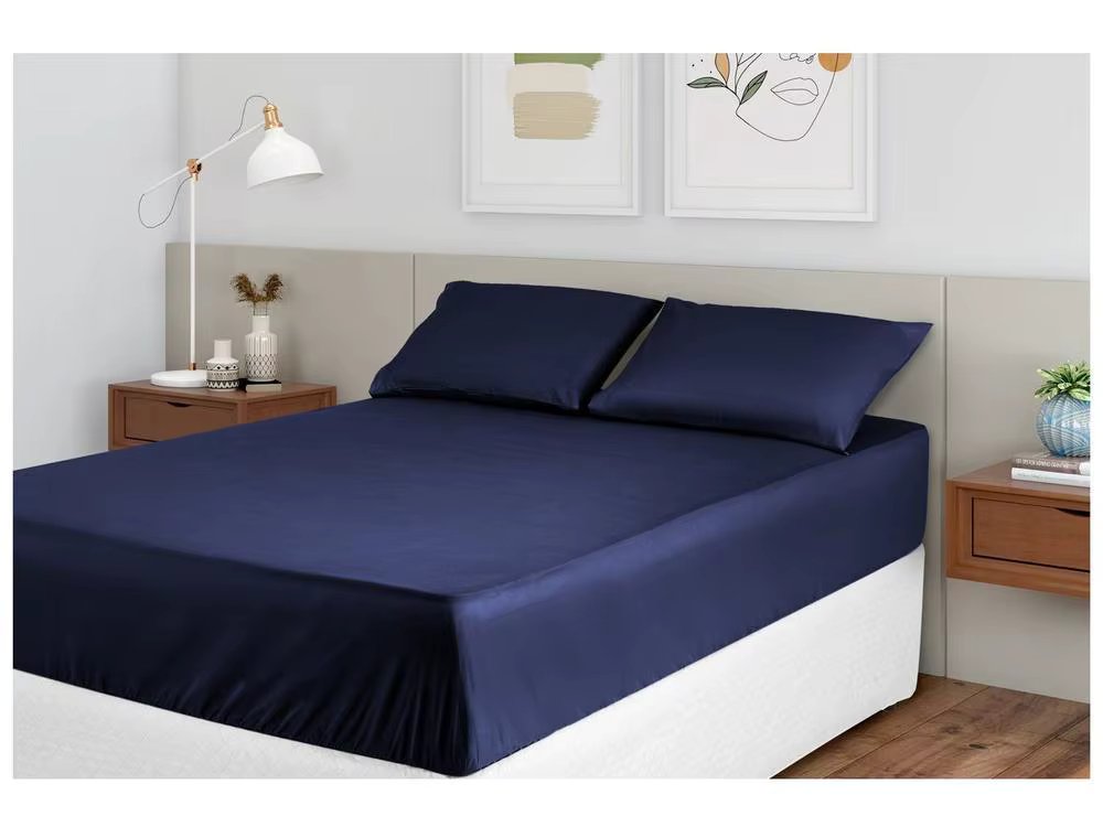 Queen Bed Set Marcelline Polyester Textile 400 Yarn Hypercal Navy Blue 3 Pieces
