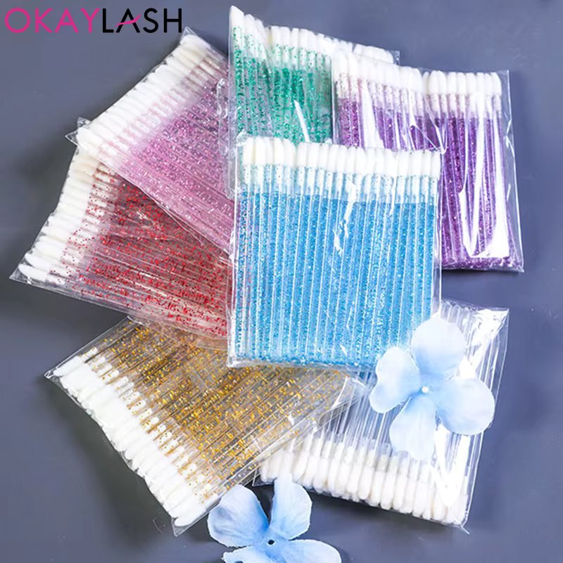 Okaylash Disposable Glitter Eyelash Extension Cleaning Brushes Crystal Micro Lip Gloss Applicator Shining Cleaner Makeup Tools