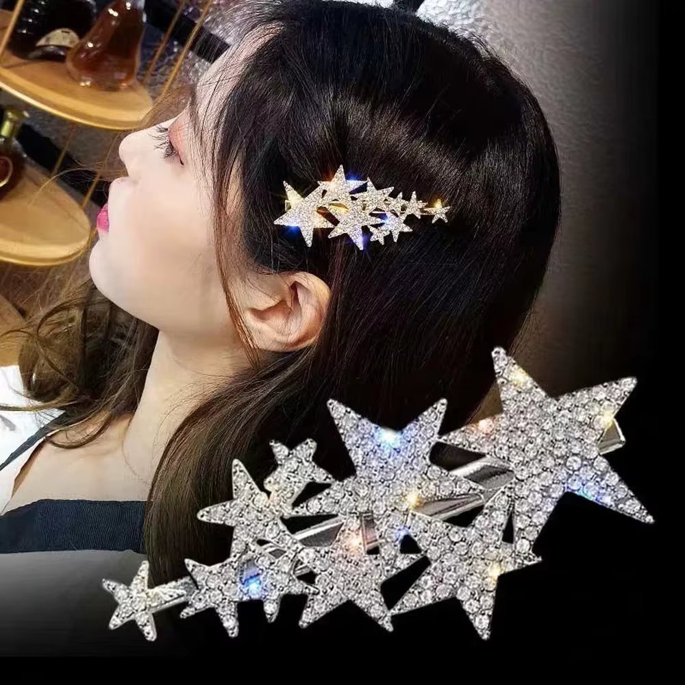 Rhinestone Pentagram Hair Clips for Women Styling Hair Clips Glitter Shiny Hairpins Headdress Girls Fashion Duckbill Hair Clips