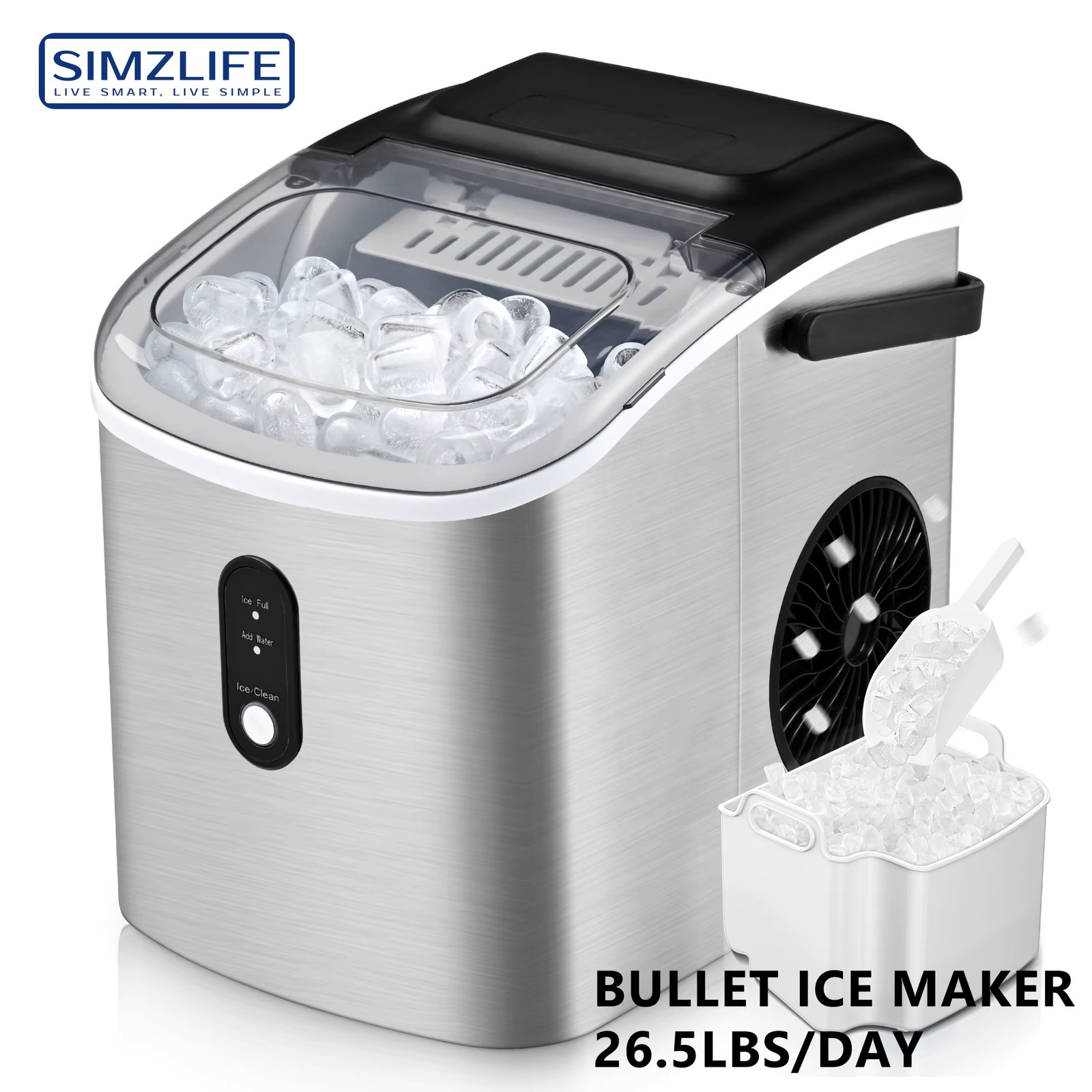 SIMZLIFE Countertop Ice Maker Machine with Handle, 26 lbs/24H, 9 Cubes in 6 Mins, Auto-Cleaning Portable Ice Maker,Silver