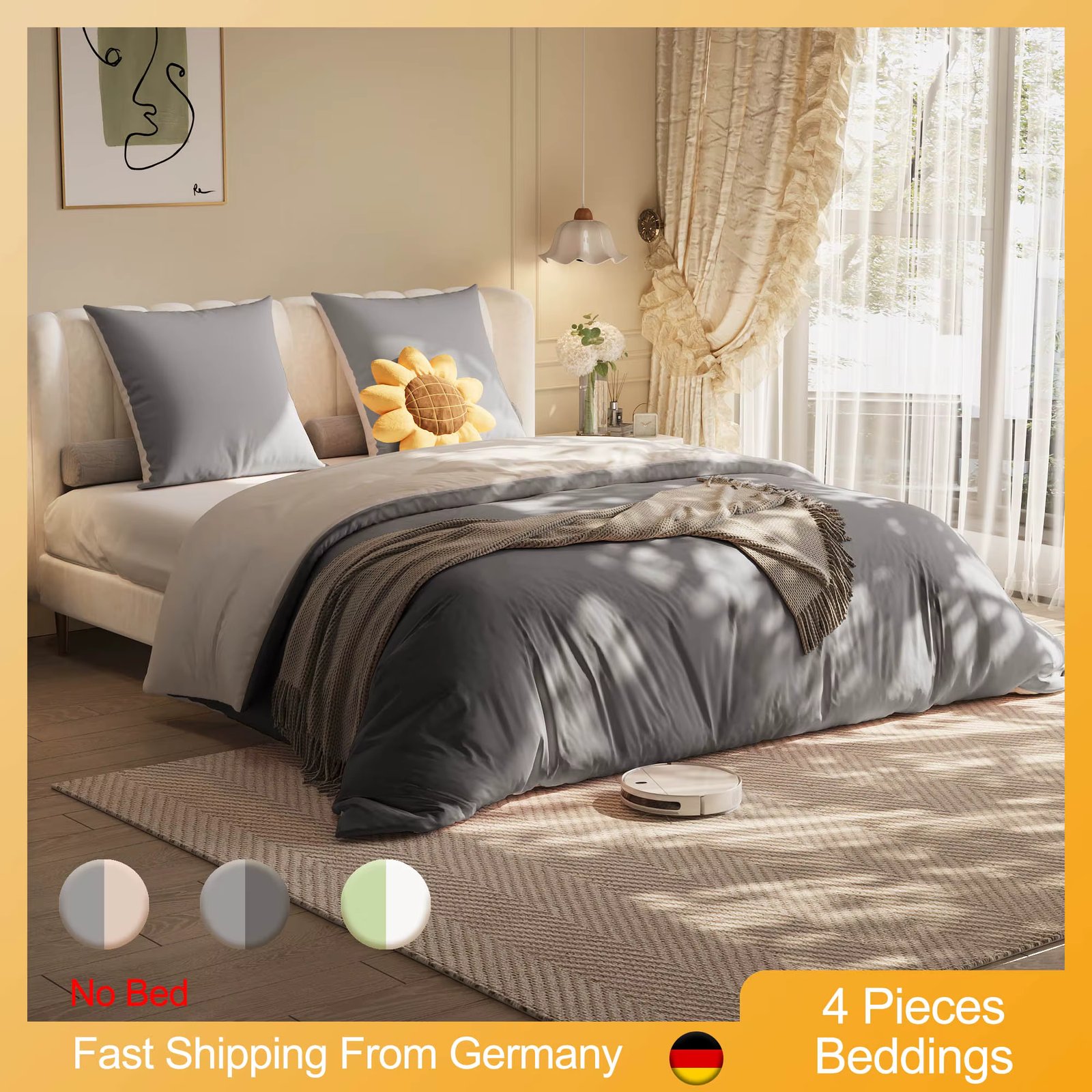 Solid Simple Bedding Cover 4Pcs, 1 Duvetcover, 2 Pillowcase and 1 Fitted Sheet, Polyester Fabric, for 140x200cm/160x200cm Bed