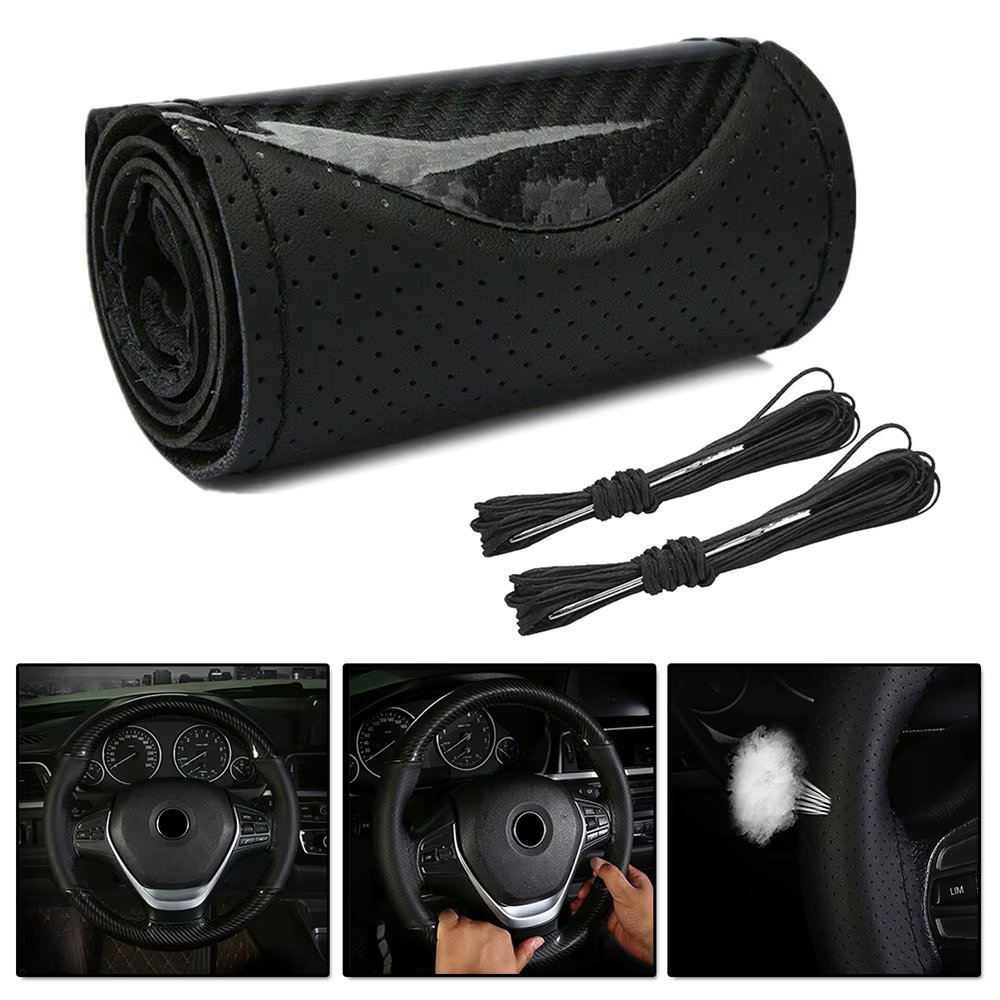Carbon Fiber Car Steering Wheel Cover With Needles Thread Black 15" 38cm DIY Sport Steering Wheel Braid Car Interior Set