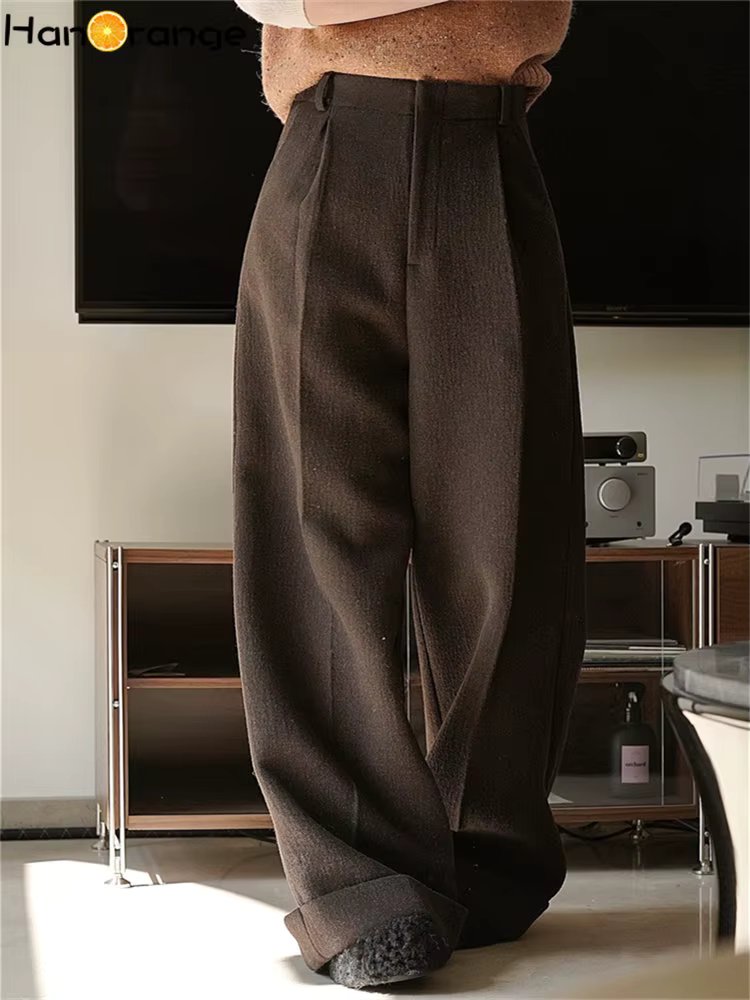 HanOrange 2024 Winter Simple Wool Tweed Wide Leg Pants Women High Waist Loose Silhouette Warm Trousers Dark Coffee/Grey Apricot