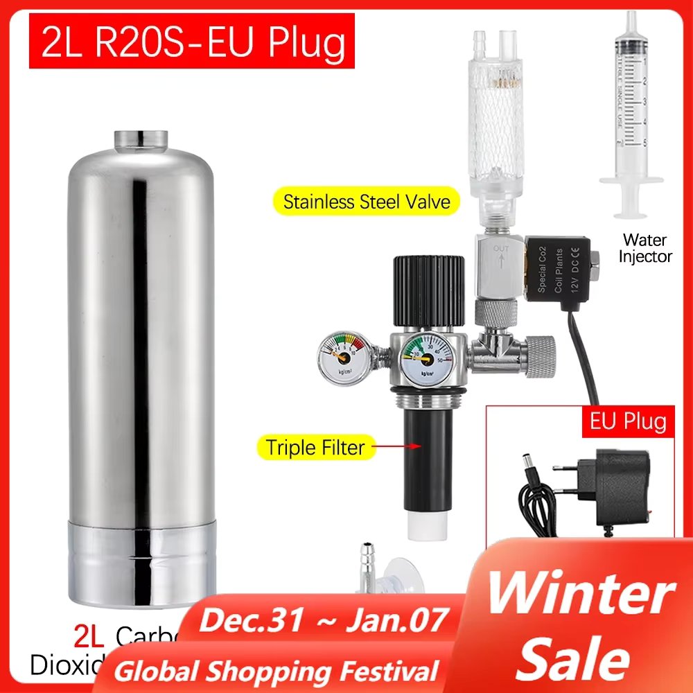 2L Aquarium DIY CO2 Generator System Kit Stainless Steel CO2 Cylinder Generator System Carbon Dioxide Reactor Kit for Plant Fish