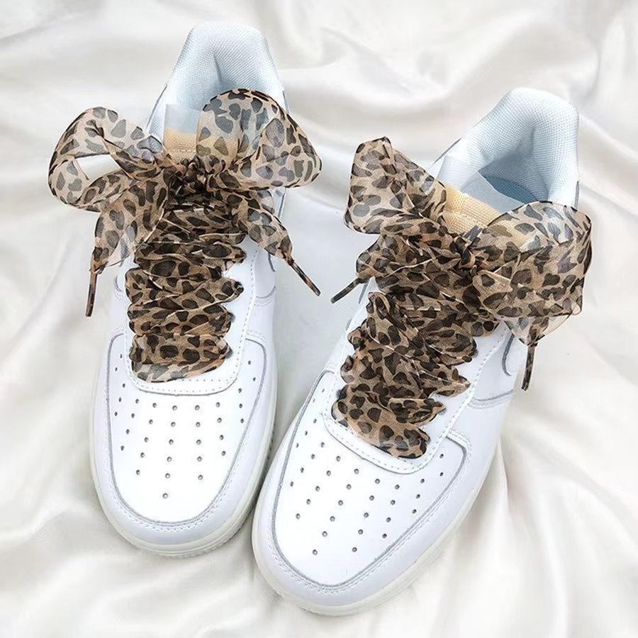 4 cm Widen Leopard Chiffon Organza Shoelaces 110/130/160 cm Length Bowknot Sneaker Sport Shoes White Shoes Laces Dropshipping