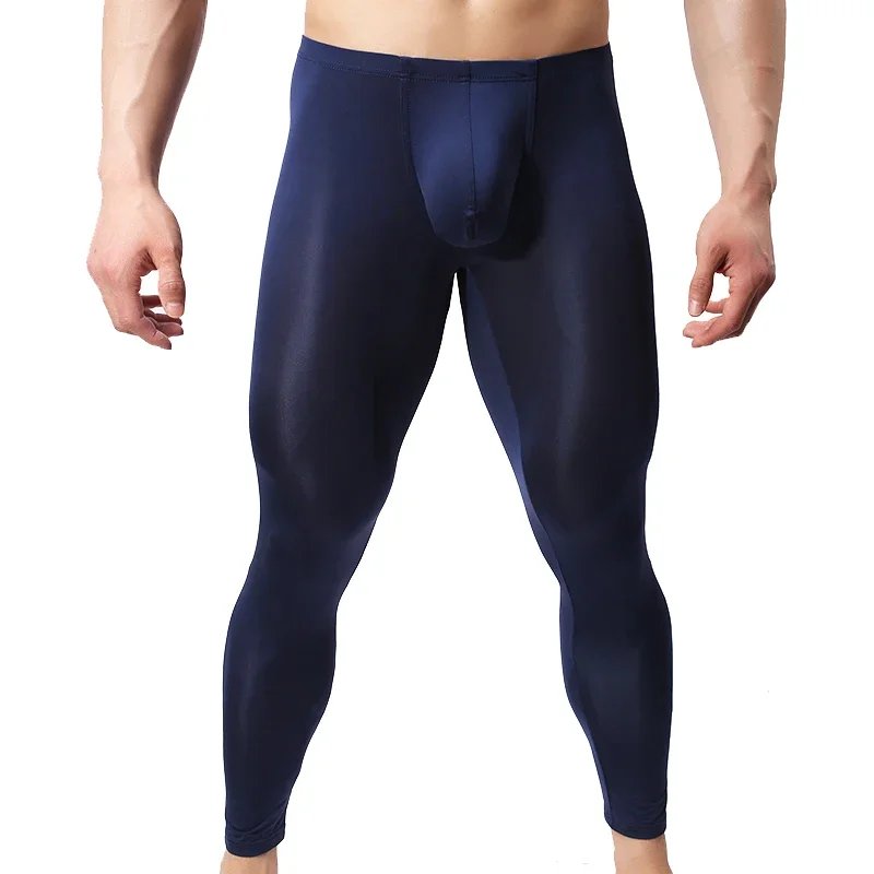 Men's Long Johns Ice Silk Ultra-thin Penis Pouch Leggings Underwear Men Home Sheer Lounge Pants Sleepwear