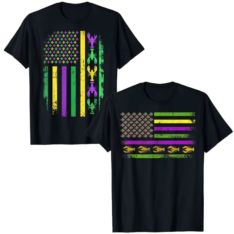 Mardi Gras US American Flag with Crawfish New Orleans T-Shirt Mardi-Gras Crawfish Outfits Graphic Tee Tops Women Men Clothing