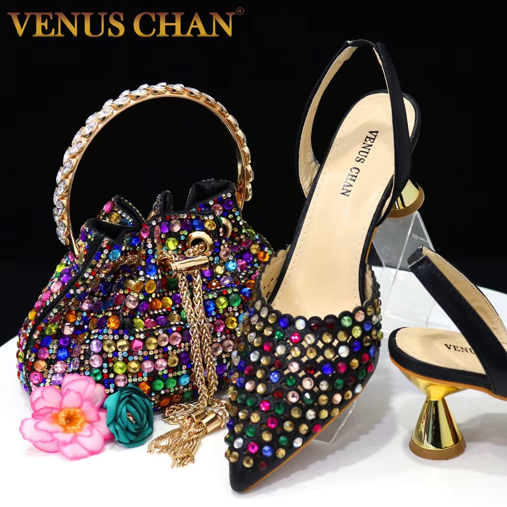 Venus Chan 2023 New INS High-Heeled Pointed Toe Wedding Shoes Colorful Full Diamond Design Shoe and Bag Set for Nigeria Party