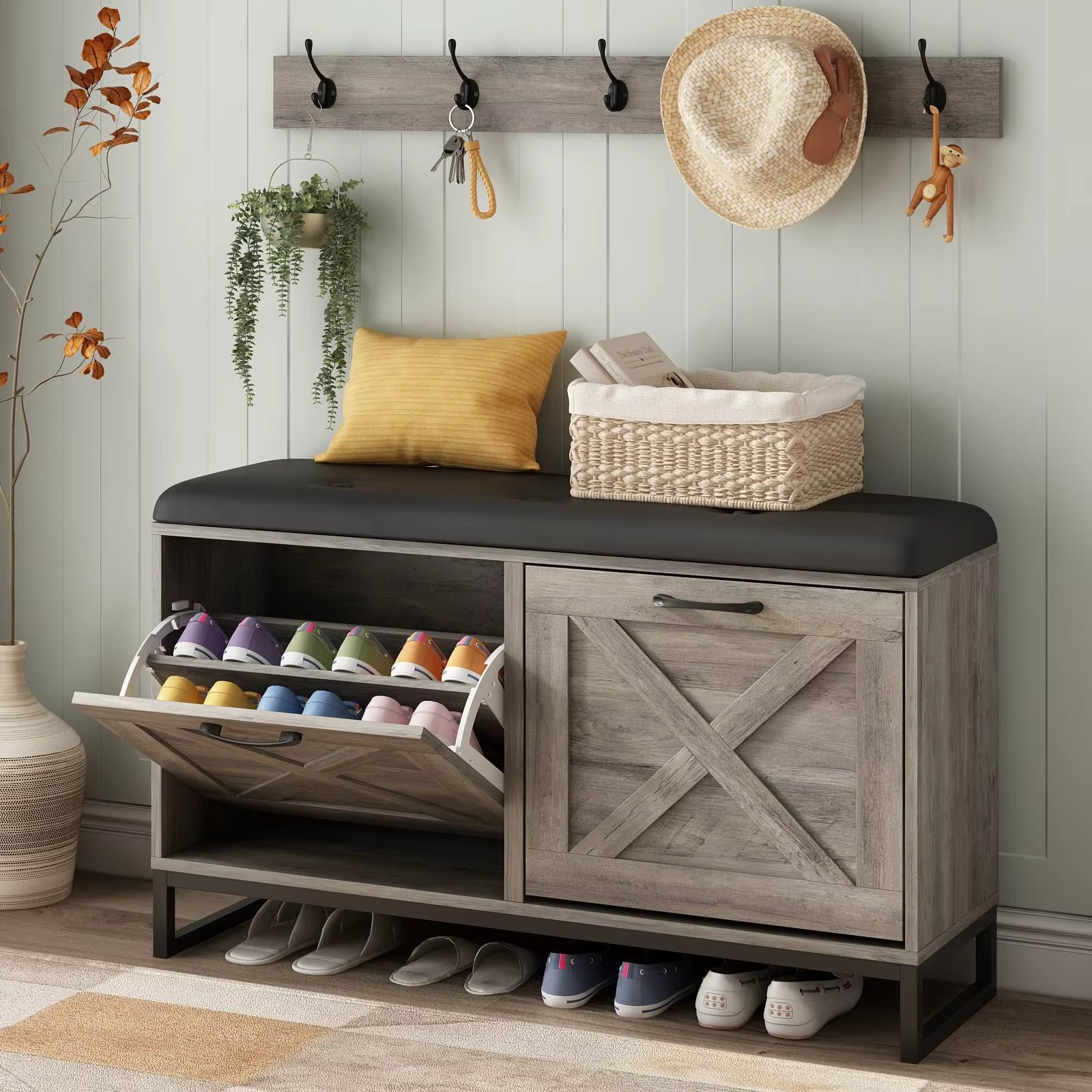 Vabches Shoe Storage Bench with 2 Flip Drawers & Coat Rack Wooden Shoe Cabinet with Padded Seat Cushion for Entryway Furniture