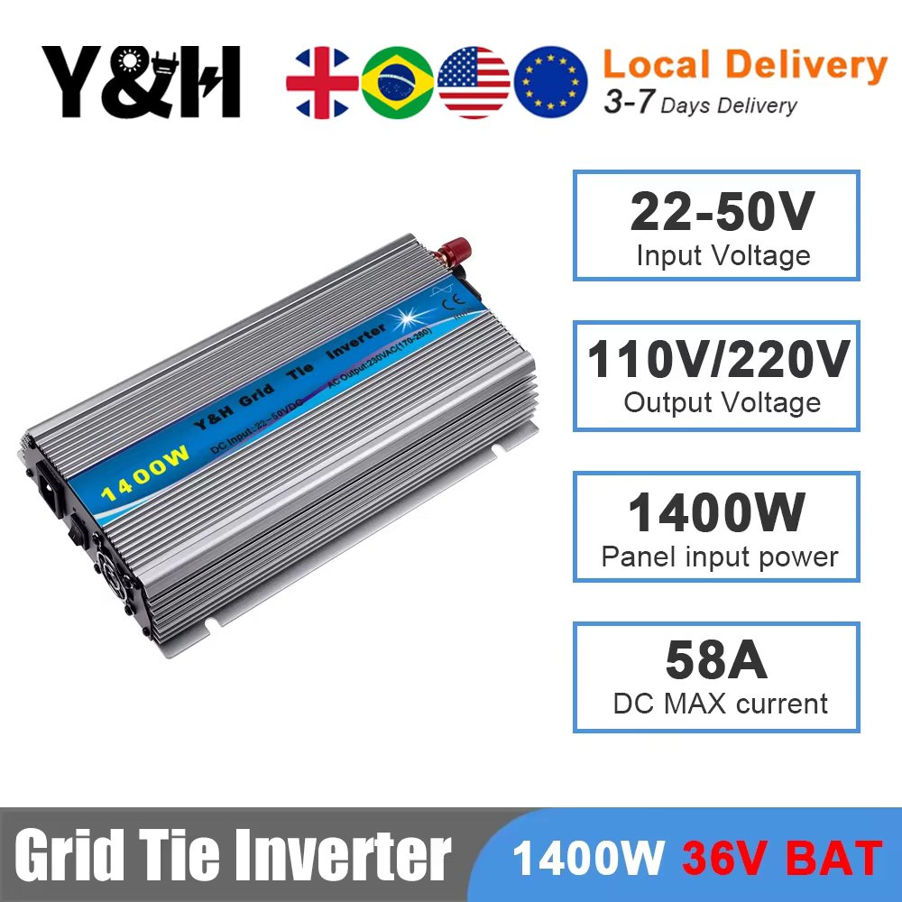 Y&H 1000W 1300W 1400W MPPT Grid Tie Solar Inverter 24V/36VDC to 110V/220VAC Pure Sine Wave Converter for Solar Panels/Battery