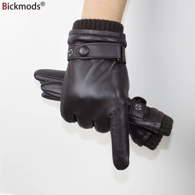 Touch Screen Leather Sheepskin Gloves Men's Winter Thickening Warmth Motorcycle Driving Fashion 2021 New Brown Finger Gloves