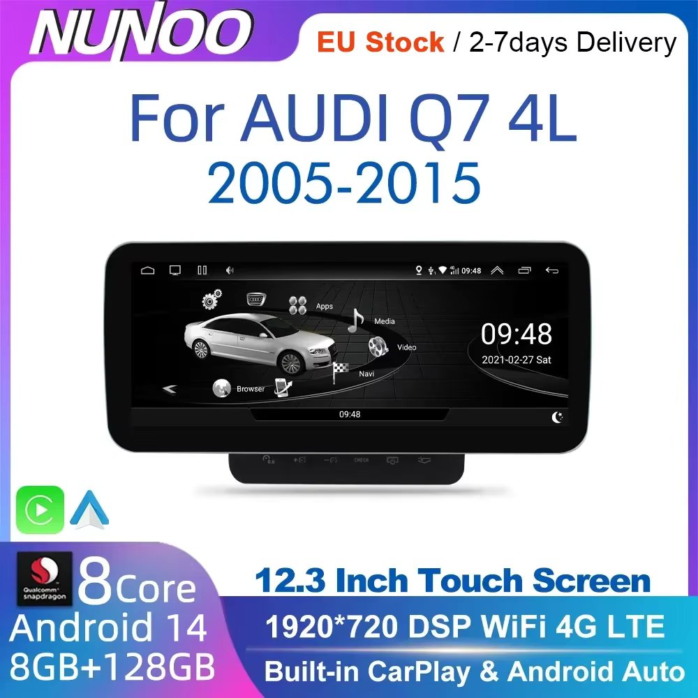 Android 14 Car Screen Player For Audi Q7 4L 2005-2015 GPS Navi Multimedia Stereo 8+128GB RAM 5G WIFI Carplay Qualcomm 8 Core