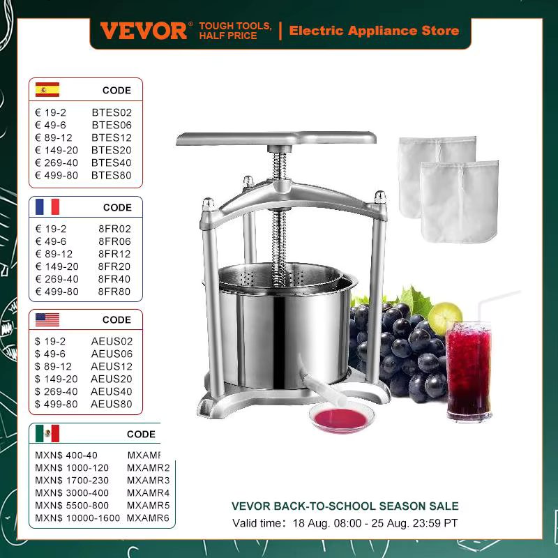 VEVOR 1.6 Gal/6L Manual Fruit Wine Press Maker Stainless Steel Household Nature Vegetables Juice Making Machine for Home Kitchen