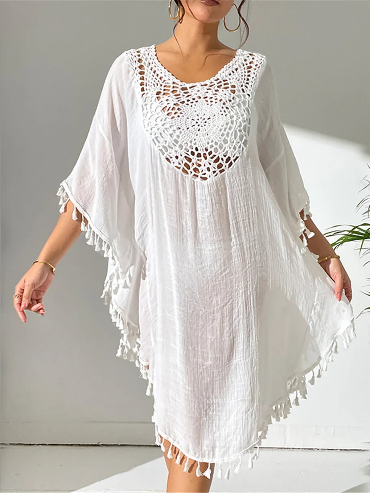 New Fringe Tassel Embroidery Half Sleeve Tunic Beach Cover Up Cover-ups Long Beach Dress Beach Wear Beachwear Female Women K5328