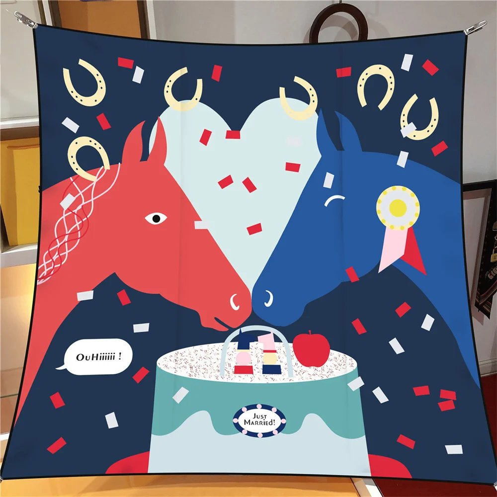 Silk Scarf Women Lover Horse Print Square Scarves Head Echarpes Silk Foulards Femme Wraps Beach Shawls Bandana Lady Hijabs 90CM