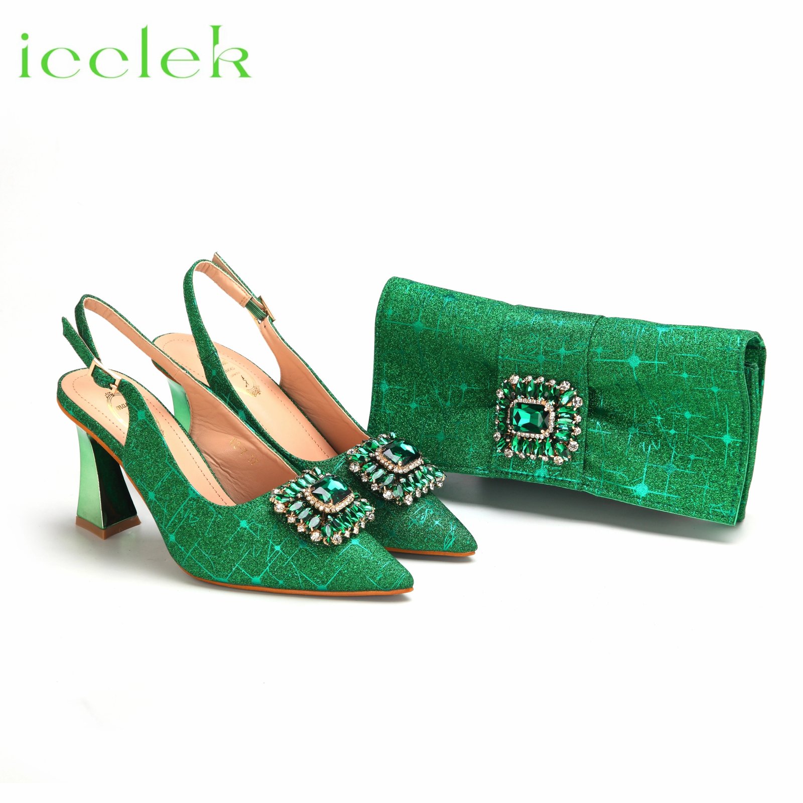 2024 Latest Italian Design African Women's High Heels Pointed Toe Sandals Party Wedding Party Green Color Shoes and Bags Set