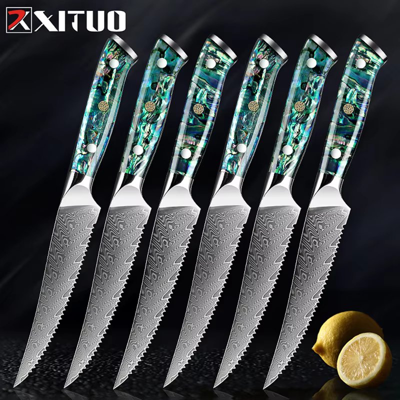XITUO 1-6 PCS Steak Knife 67 Layer Damascus Steel Serrated Steak Knife Sharp Blade Kitchen Practical Knives Abalone Shell Handle