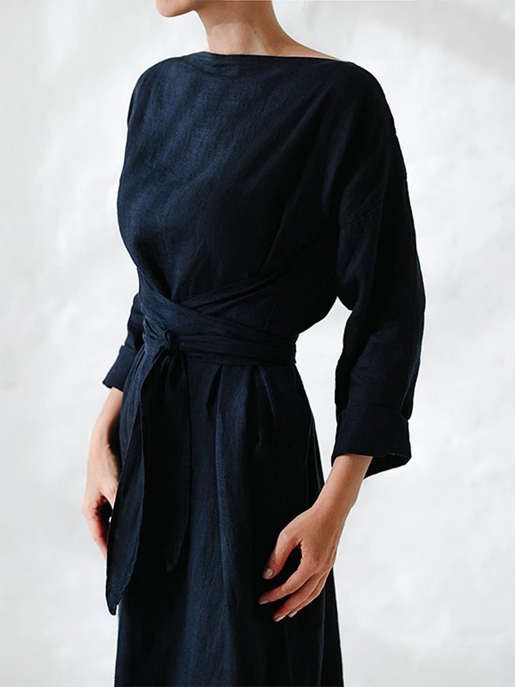 Elegant Lady Vintage Chic Long Dress Spring Women Long Sleeve Cotton Linen Dress Casual Solid Bikini Lace-Up Sunshade Cover-ups