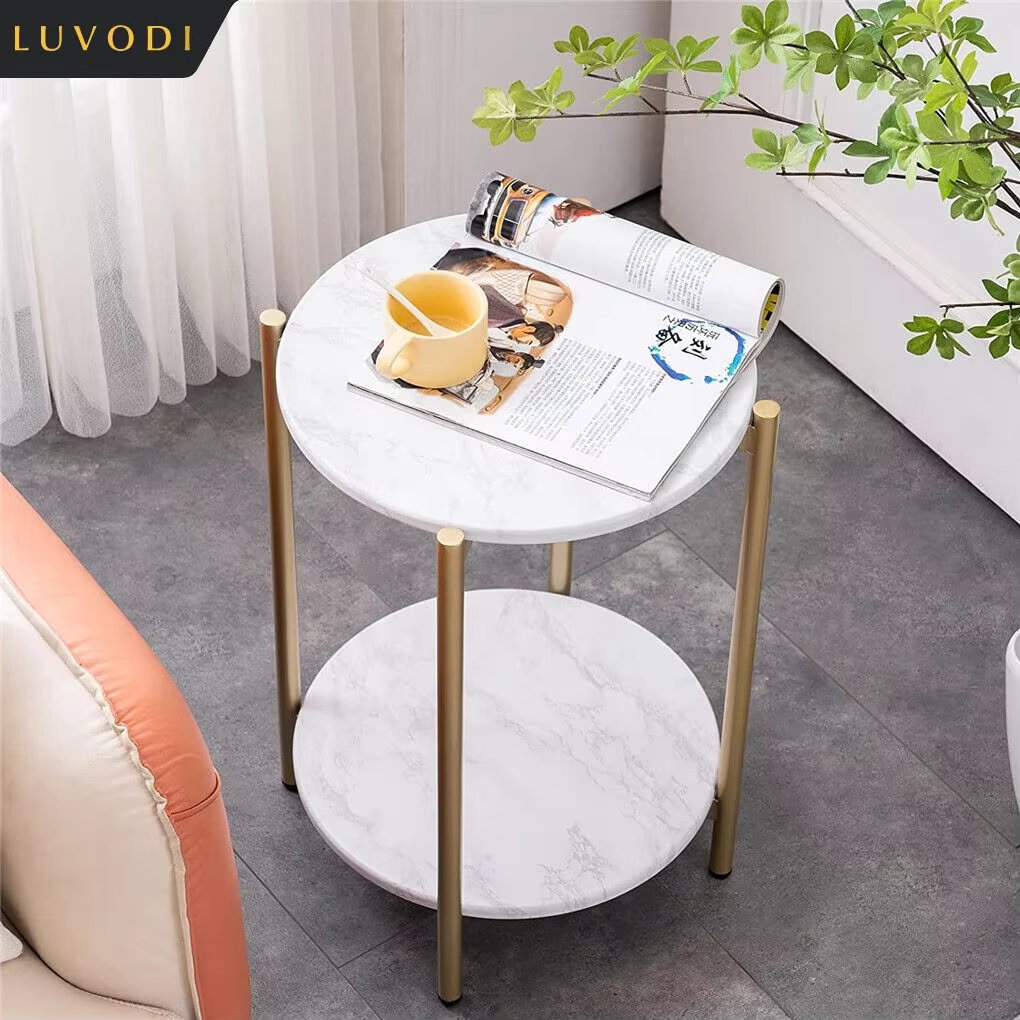 LUVODI 2-Tier Round Coffee End Tables Sofa Side Table Plant Stand with Storage Shelf Metal Frame for Living Room Bedroom