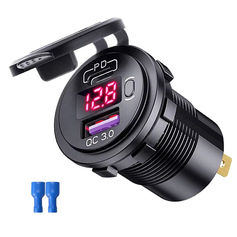 Car USB Charger QC3.0 PD Type C USB with Switch Socket for 12V/24V Vehicles Boat Motorcycle SUV Bus Truck Caravan Marine