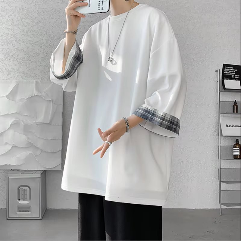  men t shirts Summer Men's T-shirts Women Oversized 2XL Korean Style Loose Plaid T-shirt Casual Seven sleeves T-Shirt Male White