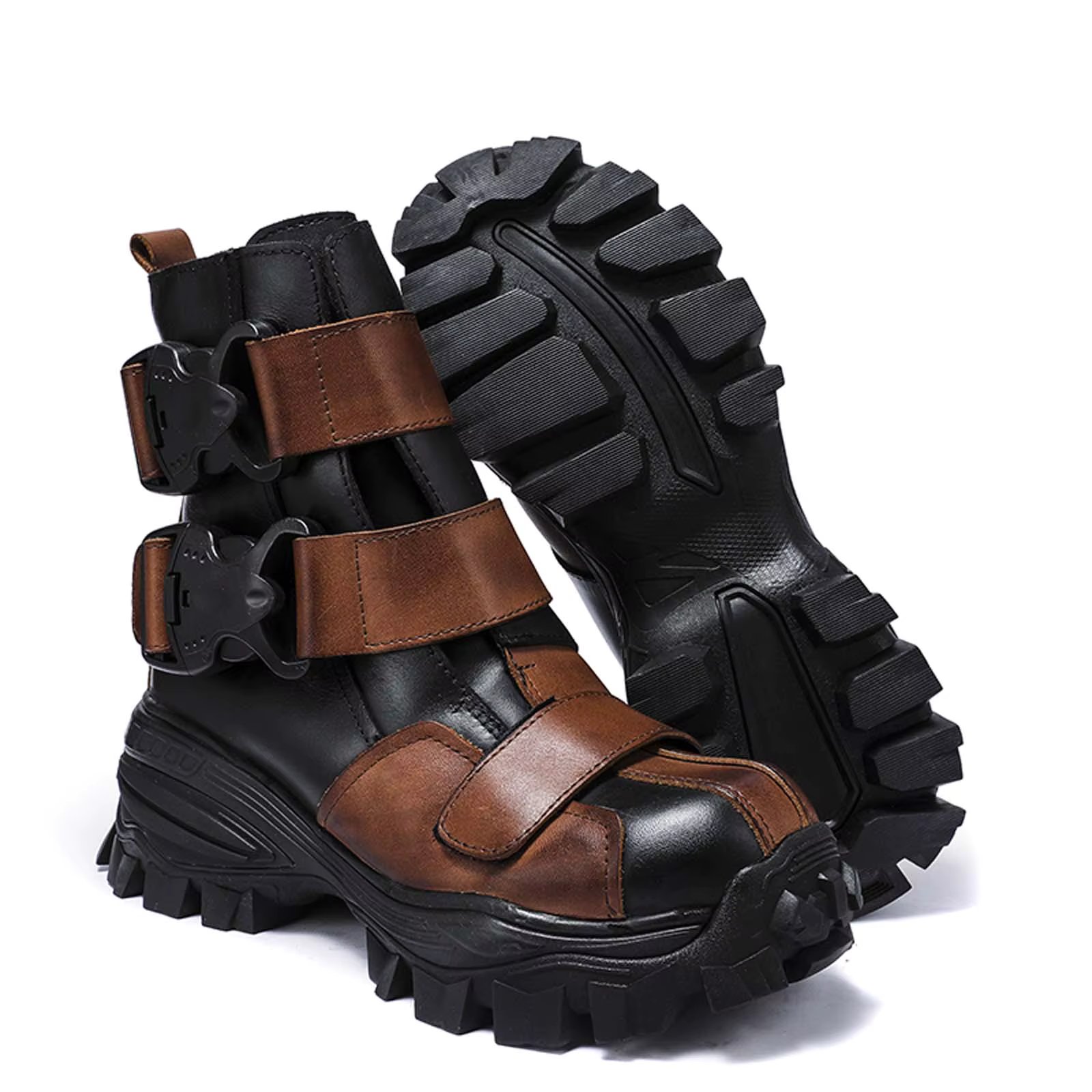 Fashion Genuine Leather Motorcycle Boots Platform Tactical Combat Boots Gothic Skull Punk Ankle Boots Rock Tooling Boots