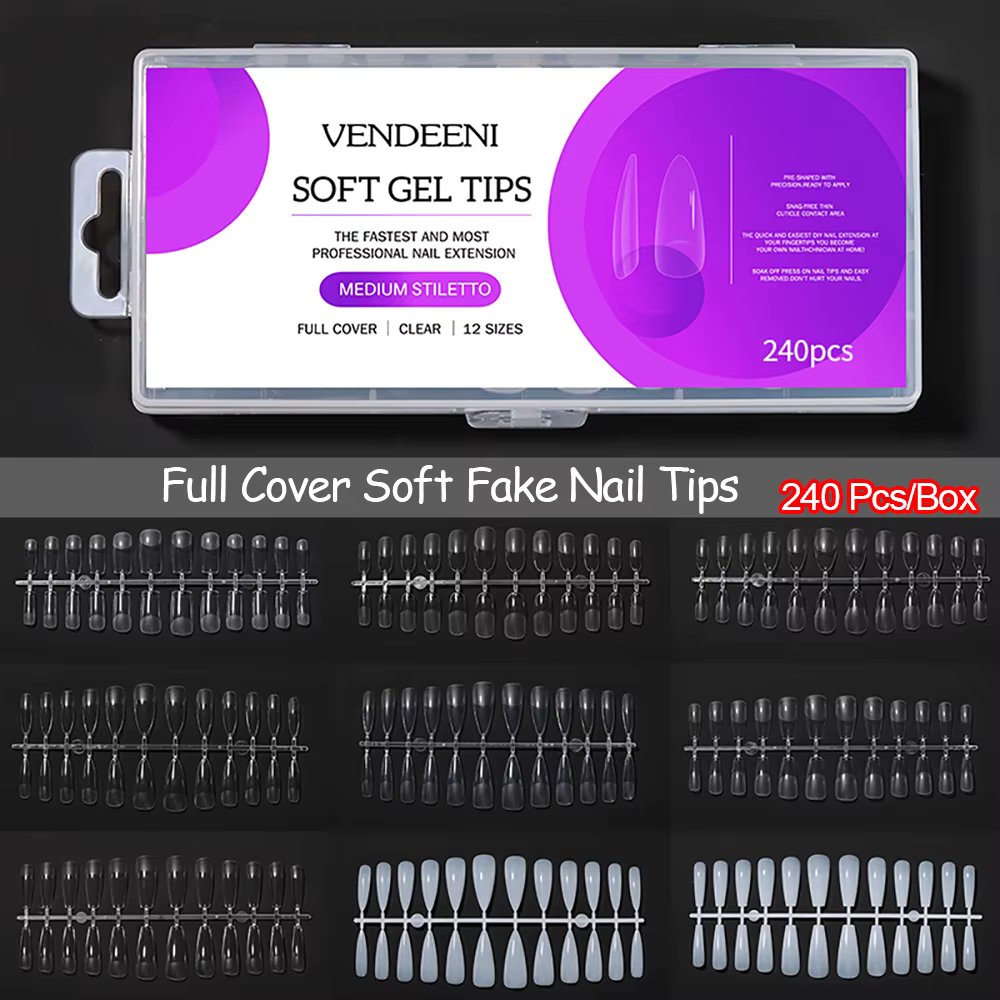 Vendeeni 240 Pcs/Set Full Cover False Nail Tips White Clear 12 Sizes Mixed Fake Nail Tips Flexible Resin Nail Art Extension Tool
