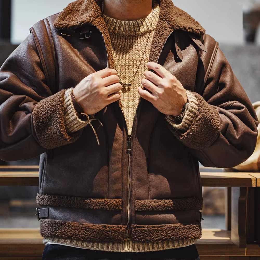 Maden Vintage B3 Bomber Jacket Faux Leather Jacket Fleece-lined Thickened Warm Motorcycle Solid-color Outerwear for Men's Winter