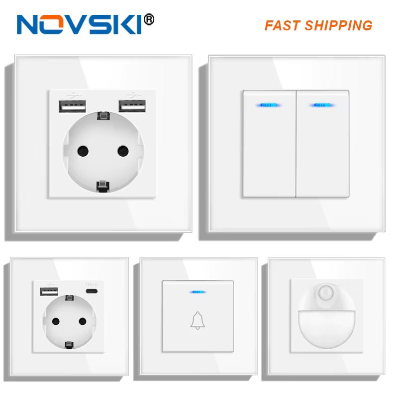 NOVSKI EU standard USB plug, 16a power socket, German power panel, four USB interfaces, dual frame 4 USB wall socket