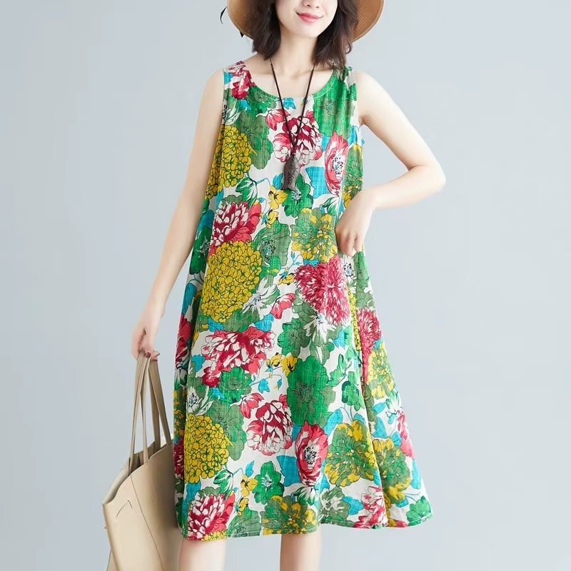 Dress Women's 2024 Summer New Sleeveless Strap   Women Dresses Printed Midi Woman Dress Vestido De Mujer Femme Robe