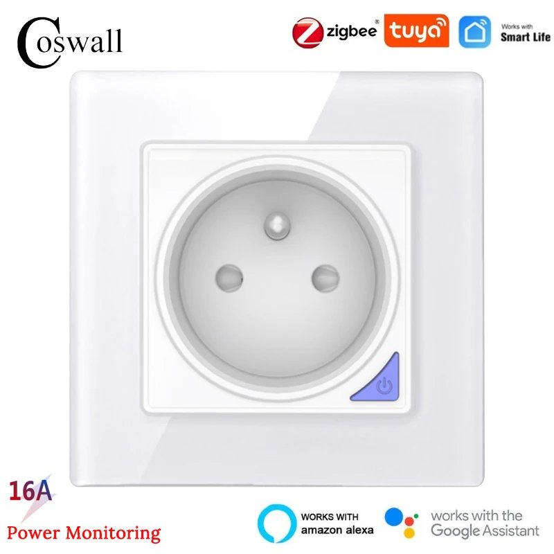 COSWALL Glass Panel Black White Zigbee Tuya+ Bluetooth Smart FR/2FR/3FR Wall Power Socket Grounded With Electricity Monitoring