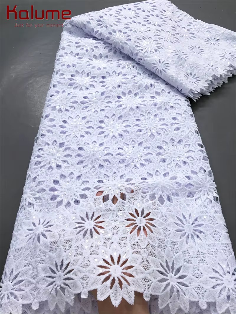 White African Guipure Cord Lace Fabric with Sequins 2025 High Quality Nigerian Guipure Cord Lace for Sewing Wedding Dress F4025