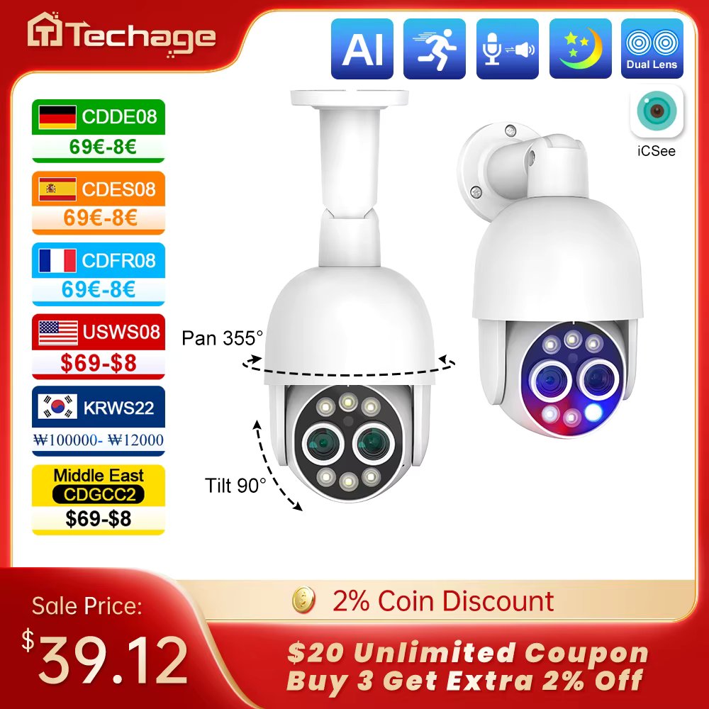 Techage PTZ 4K 8MP POE Camera 8X Hybrid Zoom 2.8mm 12mm Dual Lens Two Way Audio Color Night Vision Human Detection POE IP Camera