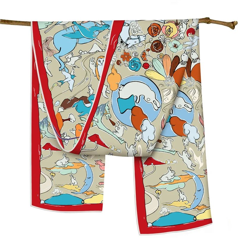 POBING Twill Silk Scarf Women Poncho Hand Rolled Rabbit Printed Long Scarves Wraps Bandana Big Shawl Hijabs Female Foulards