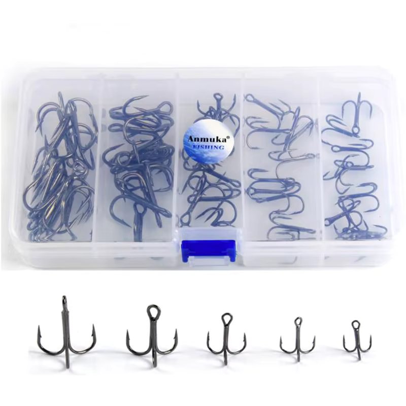 50pcs/lot Treble Fishing Hook In Storage Box Sharpened Treble Hook Size1 3 5 7 2/0 Barbed Fishhook Three-pronged Fishing Hook