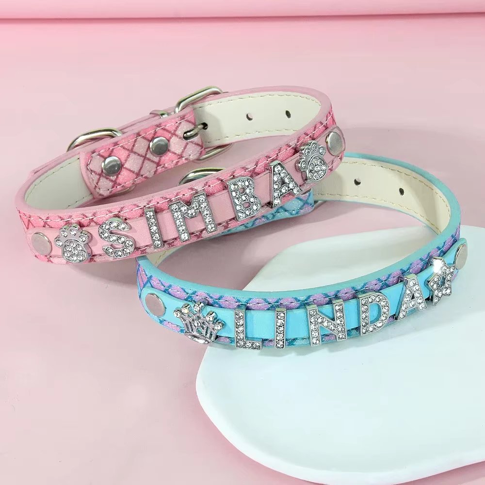 Personalized DIY Name Dog Collars Bling Pet Dog Collar With Diamond Buckle Puppy Cat Letters Charms For Teddy French Bulldog