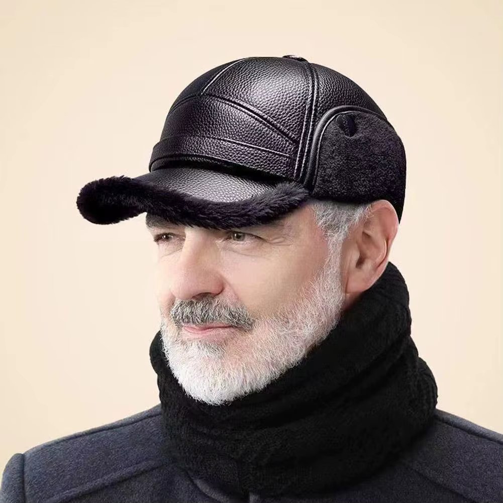 PU Leather Winter Men's New Padded Warm Dad Old Man Leather Cap Middle-aged Windproof Ear Protection Duck Tongue Cap