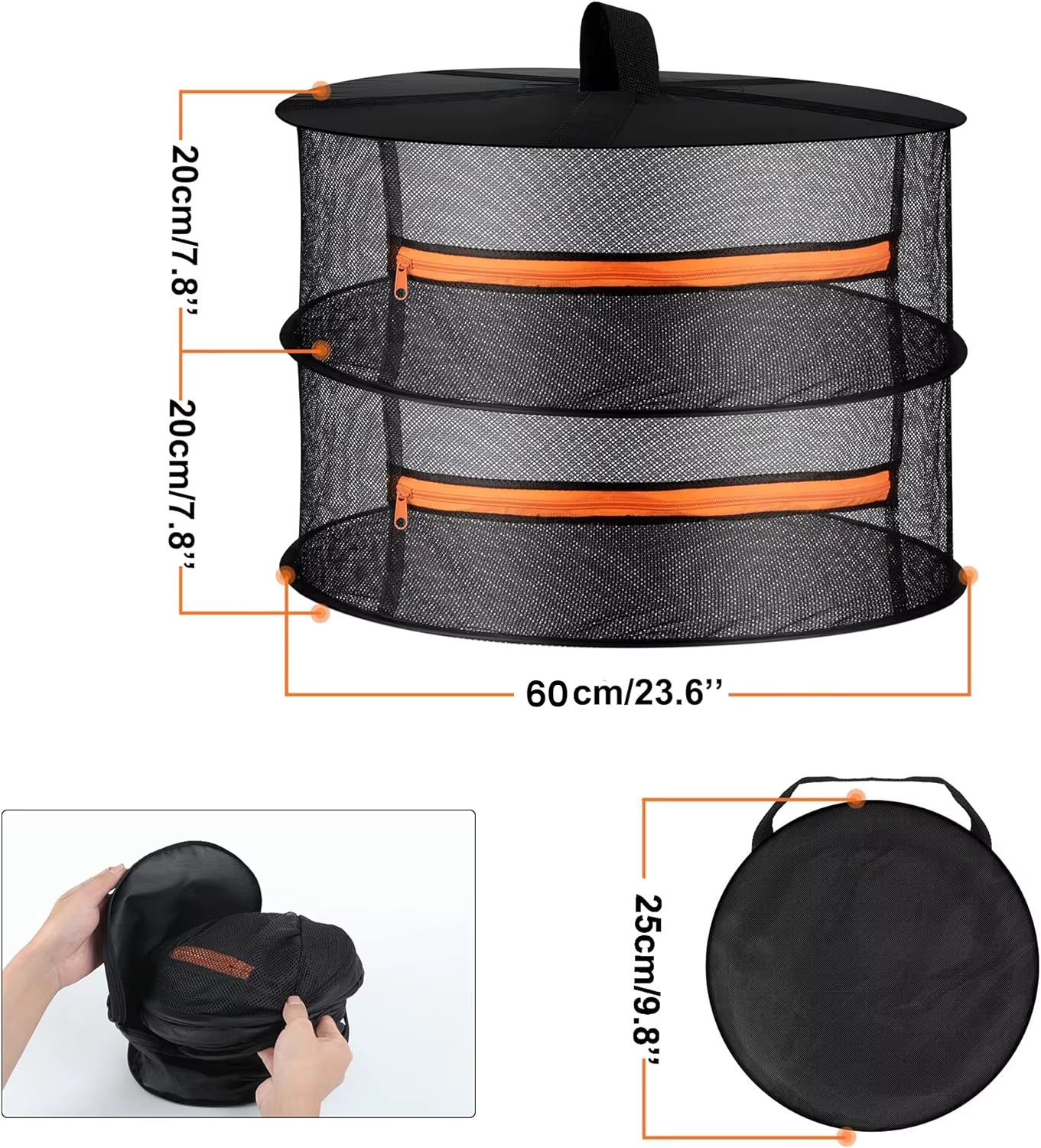 2ft Herb Drying Rack 2/4/6/8 Layer Folding Mesh Hanging Basket Dryer Net with Orange Zippers for Seeds Flowers Buds