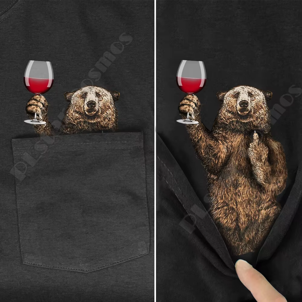 Hippie Pocket Tee T Shirts summer Bear Wine printed t-shirt men for women tops black cotton funny Short sleeve drop shipping