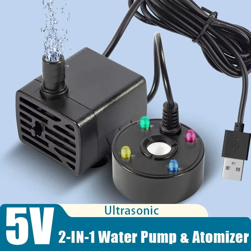 2-IN-1 USB 5V Water Pump Ultrasonic Atomizer Mist Maker Fogger Fountain for Pond Garden Rockery Fish Tank Landscaping Humidifier