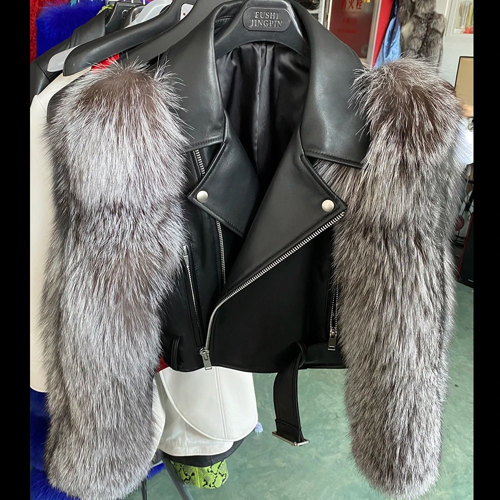 YOLOAgain Plus Size 8XL Jacket Coats Women Real Fox Fur Sleeve Genuine Leather Jacket Ladies Streetwear