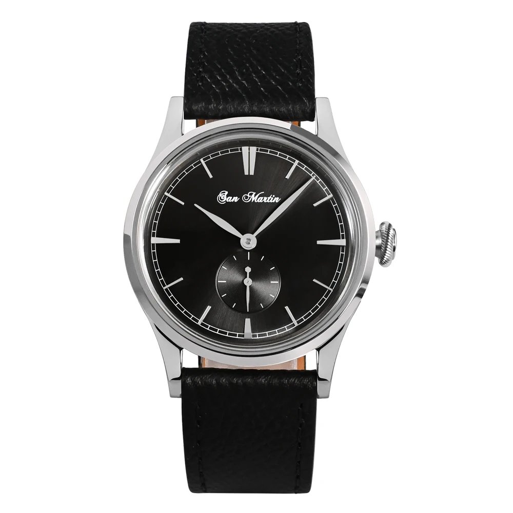 San Martin Mens Dress Watch 38mm Sunray Salmon Dial Ronda 715/6004 Quartz Movement Vintage Simple Watches 5 Bar Leather Strap