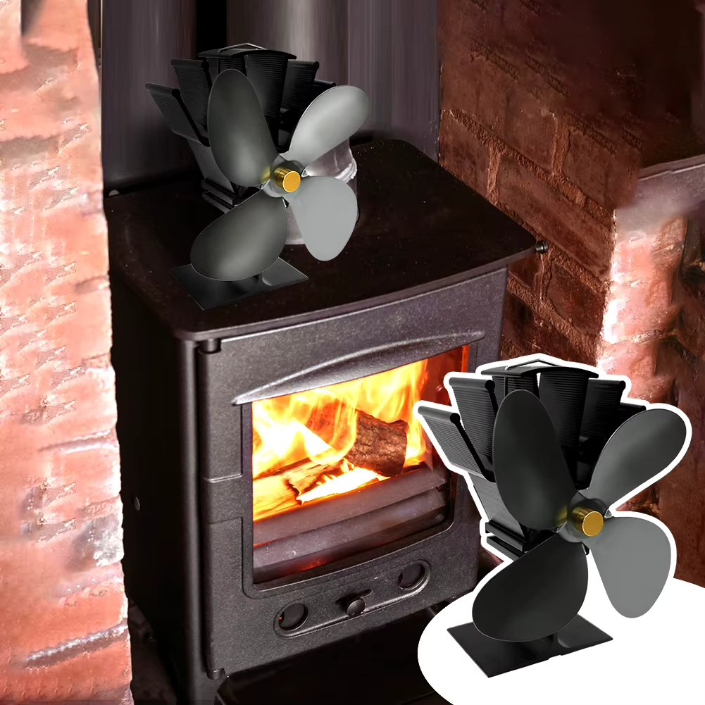 4 Blade Fireplace Fan Mini Stove Fan Low Noise Heat Powered Fireplace Fan Home Winter Warm Wood Burning Stove Fan Energy Saving