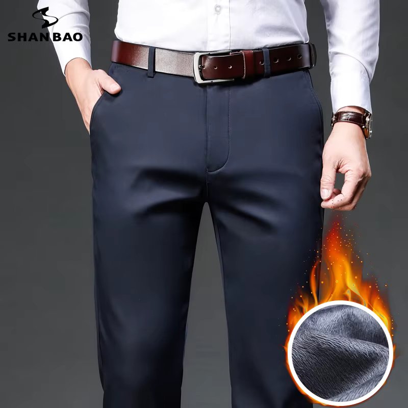 SHAN BAO 2021 winter brand fleece thick warm fit straight trousers business casual men's high waist cotton classic pants