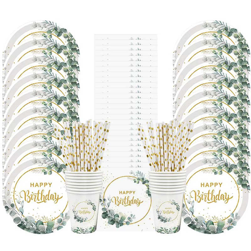 1Set Eucalyptus Happy Birthday Disposable Tableware Paper Plate Cup Napkins Green Leaf Birthday Party Decoration Supplies