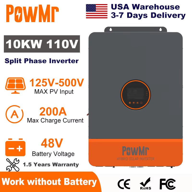 PowMr 10KW Split Phase Inverter 48V 110V 220V Hybrid Solar Inverter Dual MPPT Dual Output On Grid with MPPT 200A Solar Charger