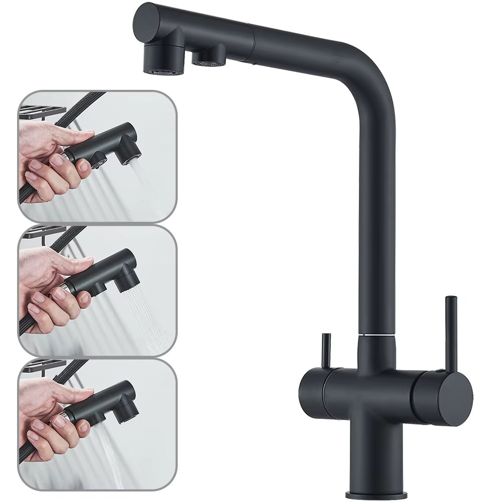 Filtered Kitchen Sink Faucet with Pull Down Sprayer 2 Handle 3 in 1 Water Filter Purifier Faucet Dual Sprayer Drinking Water Tap