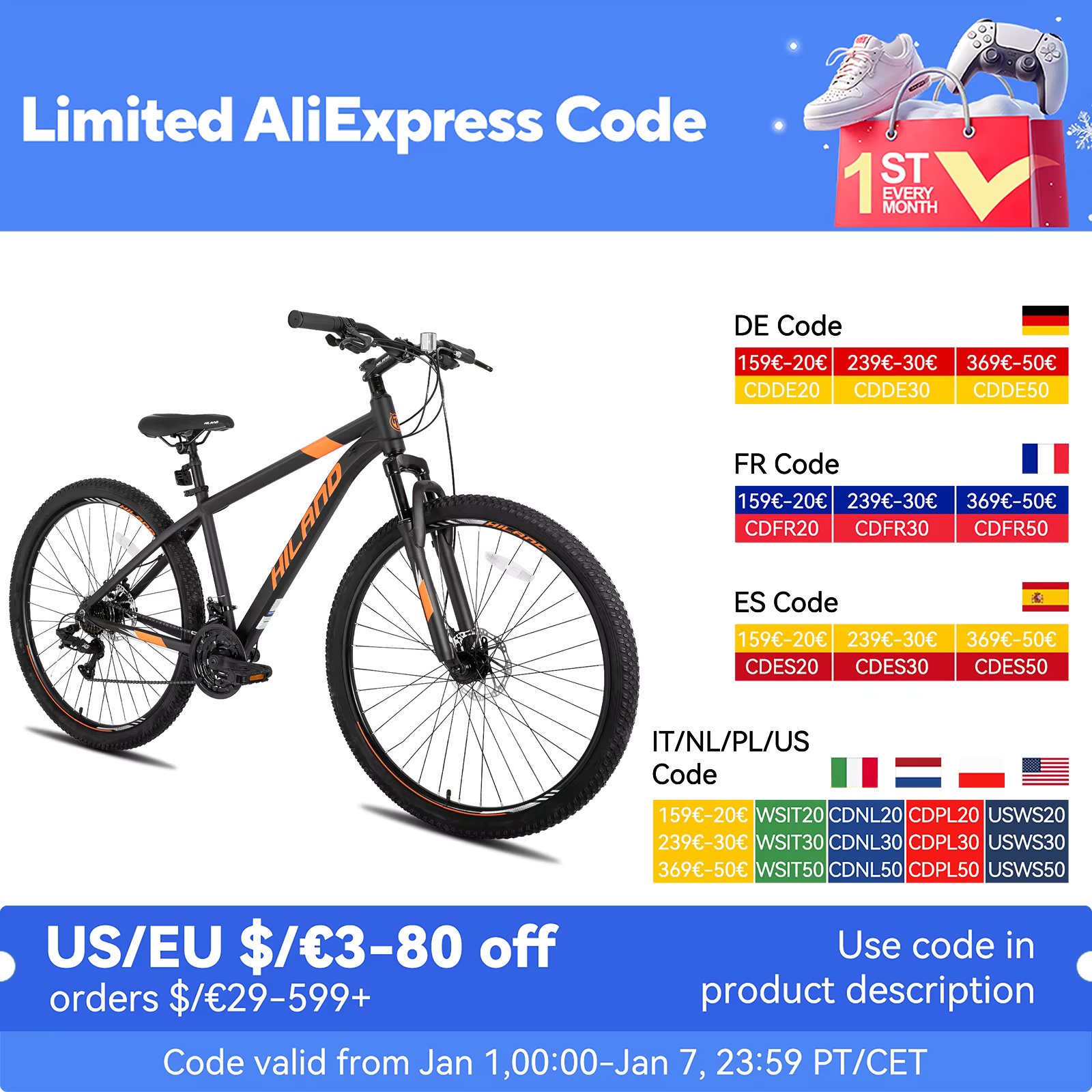 HILAND 29 inch mountain bike with a 21 speed aluminum frame, Shimano gearbox, disc brake, suspension fork，black/blue