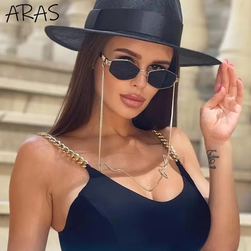 Trendy Retro Hexagon With Chain Sunglasses Women 2023 Brand Designer Unique Polygonal Sun Glasses For Female Small Frame Eyewear