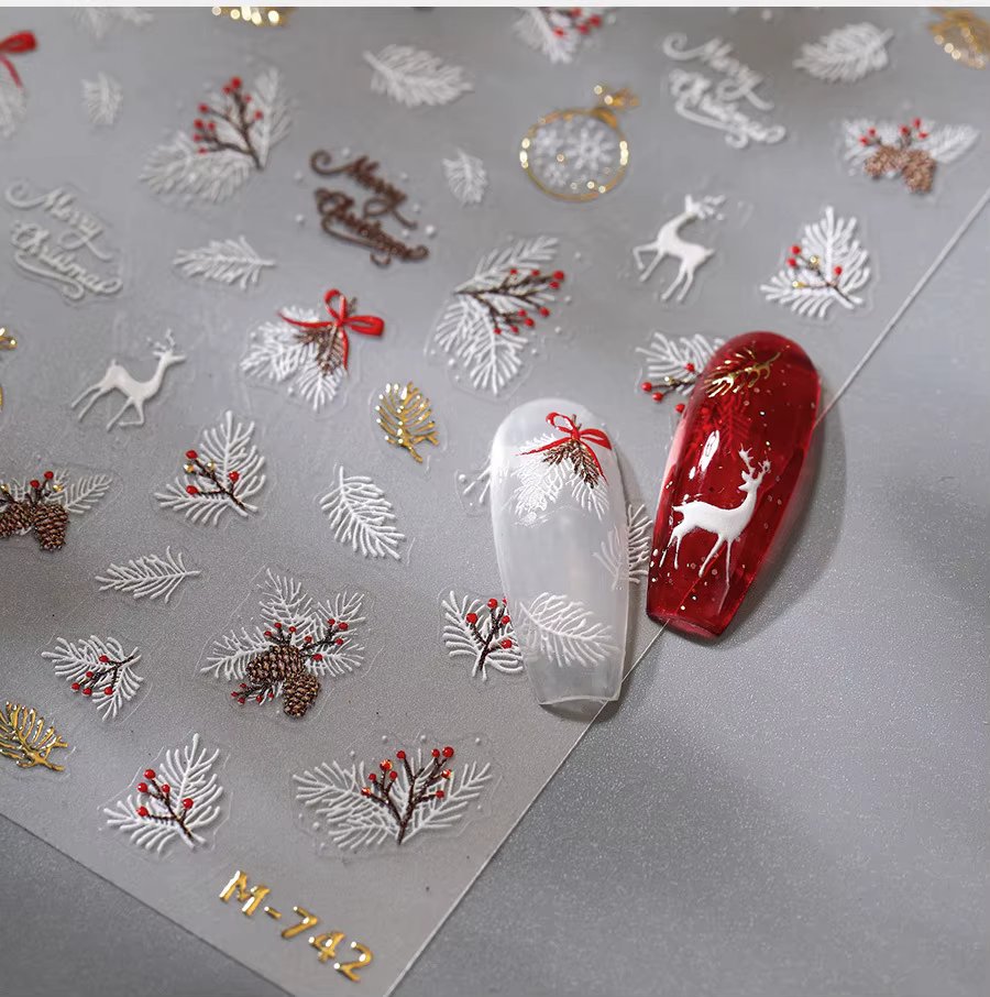 1pcs Christmas Nail Sticker Cute Gold leaf Elk Snow Ball Adhesive Nail Art Stickers DIY 5D Bronzing Nails Decoration 2025 Decals